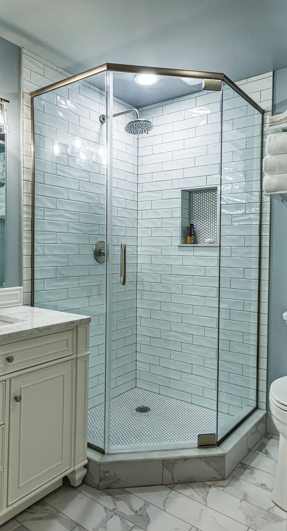 Bathroom remodeling in Overland Park: corner glass shower with white subway tile walls, a tiled niche and a white vanity