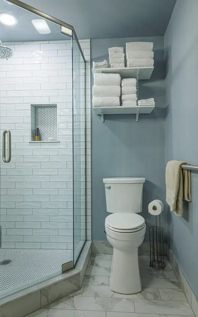 Completed bathroom with a glass walk-in shower, white wall tile and open shelves